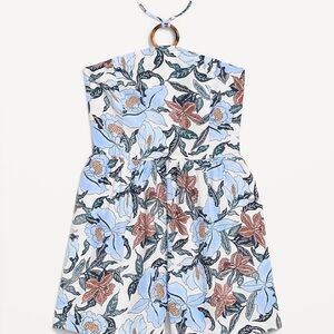Floral Halter Romper with Pockets  - Blue & Cream